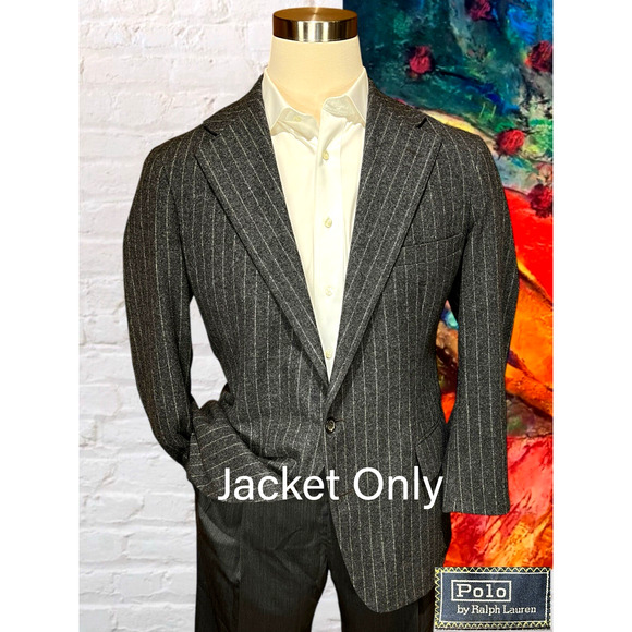 Vintage Polo Ralph Lauren 40R Gray Stripe Wide Lapel Flannel Blazer Sport Jacket - Picture 11 of 15